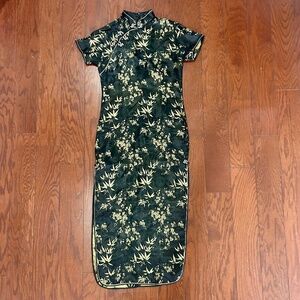 Black Chinese Traditional Silk Satin Cheongsam Long Qipao Wedding Party Dress